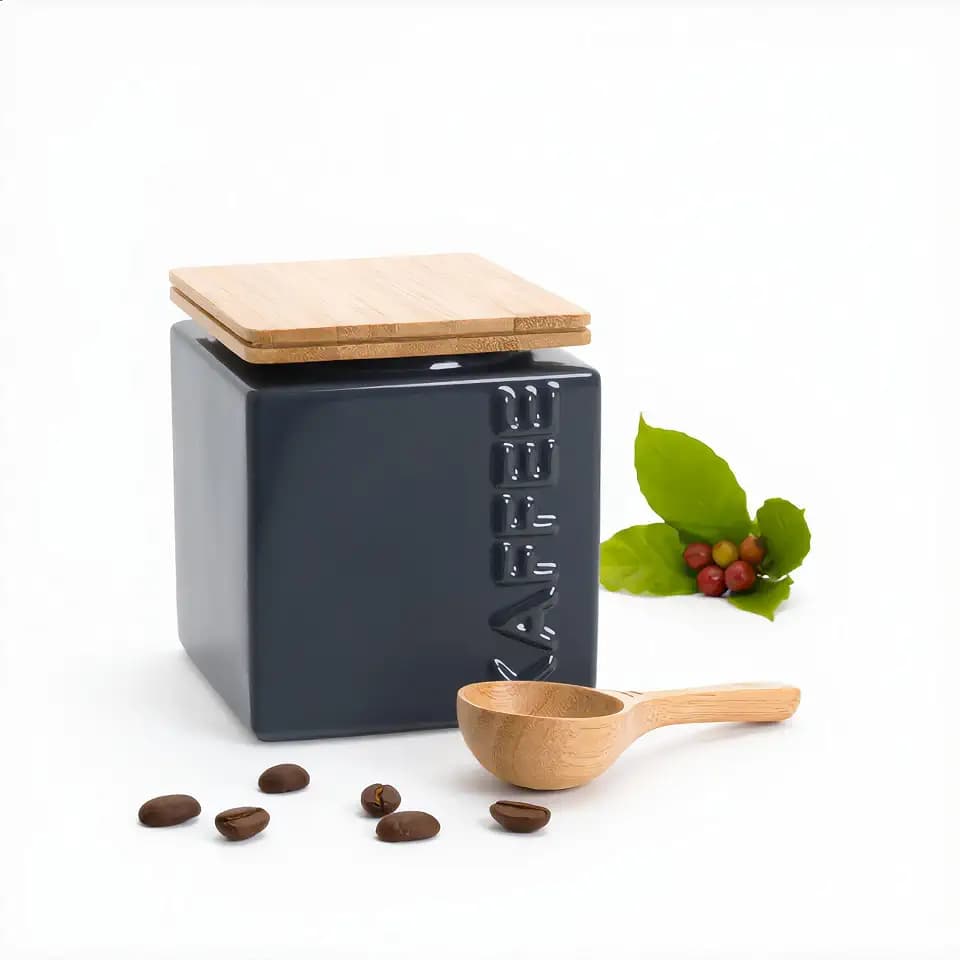 Kaffeedose luftdicht 500g – Keramik Kaffeebehälter eckig, inkl. Dosierlöffel - Luftdichter Bambus-Deckel für frisches Aroma - Anthrazit