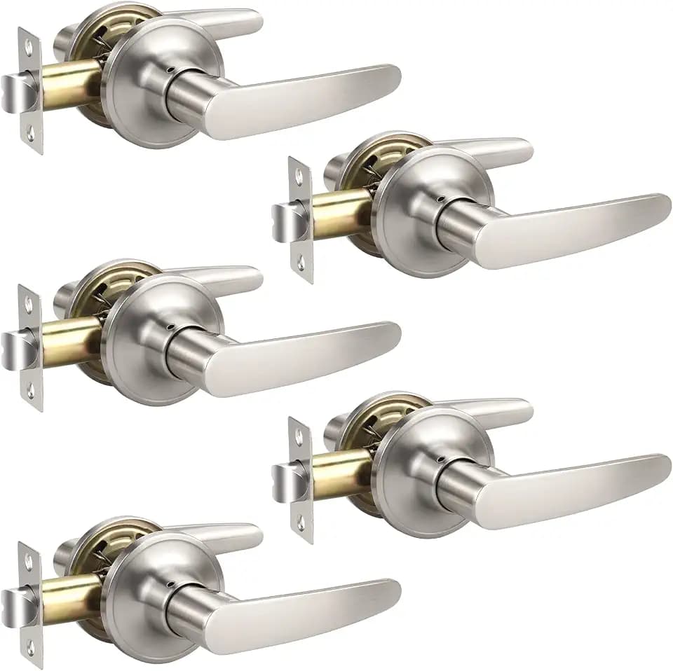KNOBWELL 5 Pack Satin Nickel Door Handles, Passage Door Levers Heavy Duty, Door Locks for Closet/Hallway, Heavy Duty Door Knobs Door Lock Set Interior