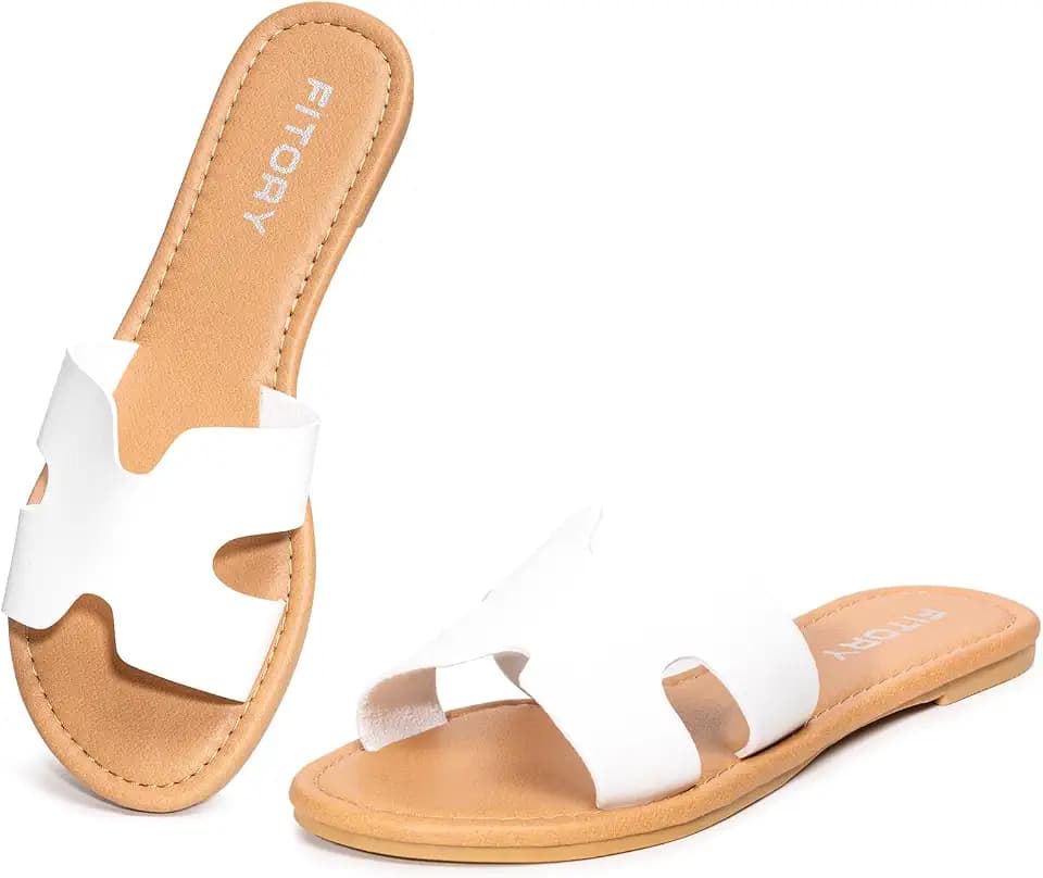 FITORY Womens Flat Sandals Comfortable Dressy Leather Summer Cute Slides