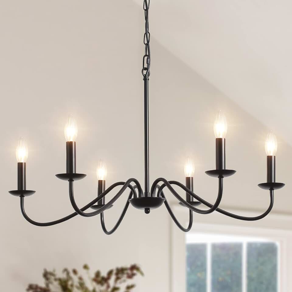 Kronleuchter Schwarz Vintage,MRHYSWD 6 Flammig Pendelleuchte Schwarze Retro | Kronleuchter Deckenleuchte Landhaus Modern für Wohnzimmer Schlafzimmer Küche Flur Esszimmer-Höhenverstellung-Ohne E14 Birne