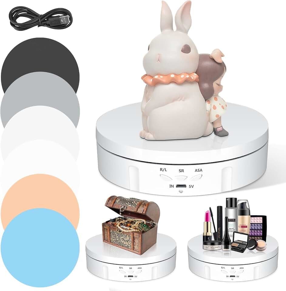 Drehteller Elektrisch, VAYOTOY 360 Grad Drehscheibe Elektrisch 6 Zoll/14,6 cm 10 kg Kleiner Elektrischer Drehteller mit 6 Hintergrundpapier USB-Aufladung für Anzeige und Fotografie
