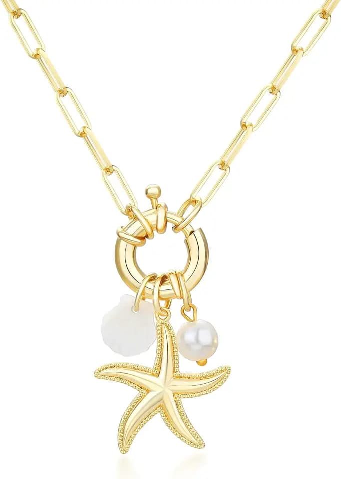 Dainty Gold Evil Eye Hamsa Hand Coin Lucky Charm Pendant Necklace for Women Trendy Vintage Paperclip Chain Sun Moon Clover Flower Chunky Charm Necklace Jewelry Gifts