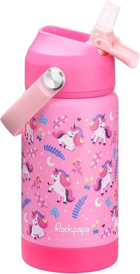 rockpapa 14oz Kids Stainless Steel Water Bottle with Straws, Unicorn