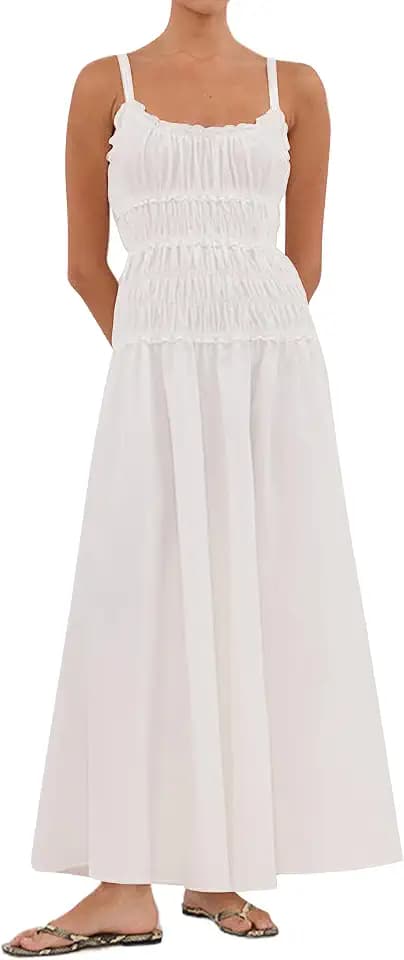 Womens Summer Spaghetti Strap Maxi Dress Scoop Neck Ruched Flowy Long Dresses Casual Sleeveless Cotton Sundress White