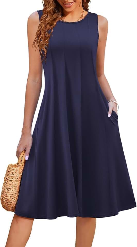 Hotouch Sommerkleid Damen Elegant Rundhals Midikleid Ärmellos A-Linie Blumenkleid Casual Jerseykleid Falten Strandkleid mit Taschen S-XXL