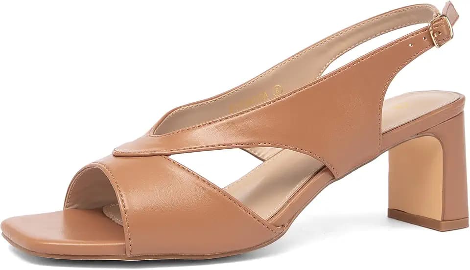 NEWBELLA Women's Square Toe Heeled Sandals - Slingback Strap Dress Shoes for Work Commute & Summer Outfits