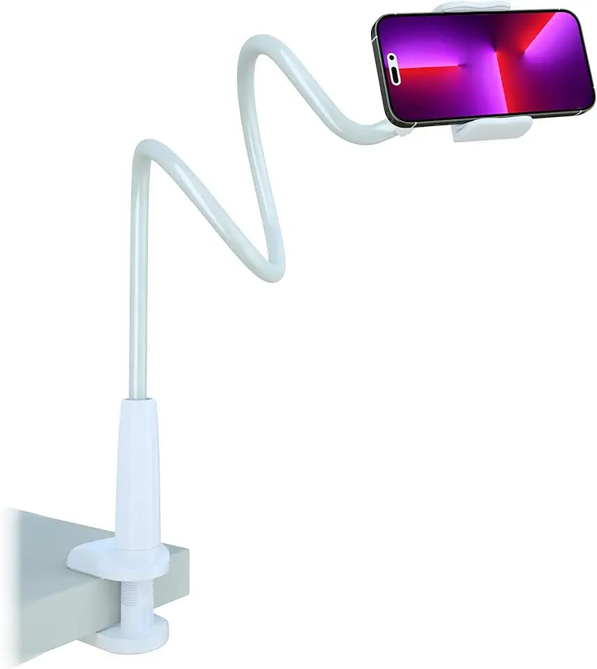 MAGIPEA Gooseneck Phone Holder for Bed, Flexible Overhead Cell Phone Mount for Desk, Hands-Free Viewing Clamp Stand Compatible with iPhone 17 16 15 Pro Max and 3.5-7" Devices, White