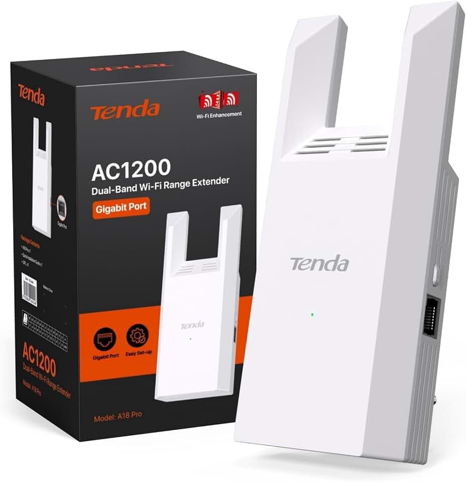 Tenda A18 Pro WLAN Verstärker Repeater AC1200, Dualband Repeater mit Gigabit-LAN(867 MBit/s 5GHz + 300 MBit/s 2,4GHz), Kompatibel mit Fritzbox, Abdeckung 150 m², AP Modus