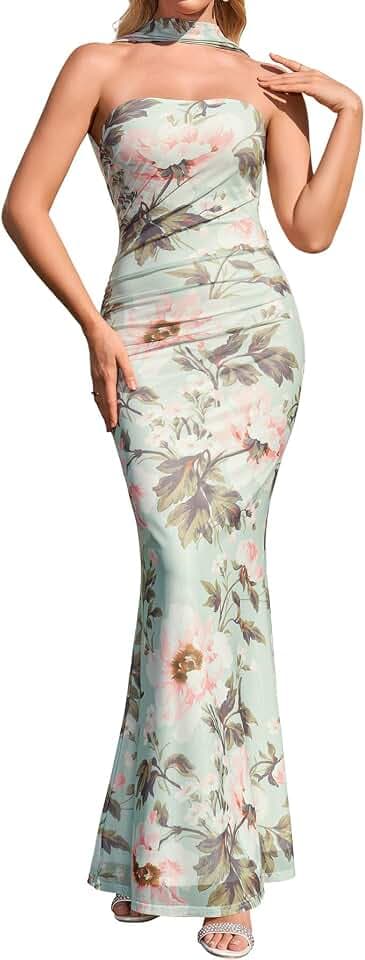 Auraxe Elegant Formal Halter Wedding Guest Maxi Dresses for Women Summer