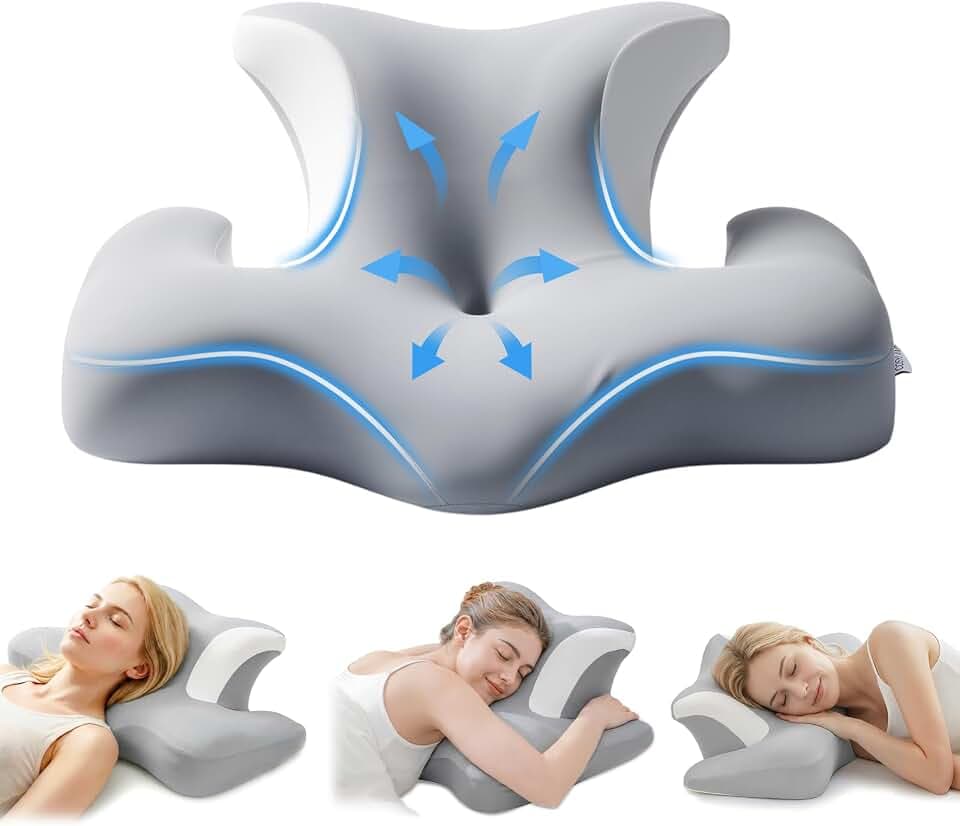 COSYLAND Nackenstützkissen aus Memory-Schaum – orthopädisches ergonomisches Schmetterlingskissen mit Ohrloch & Armauflage, Kopfkissen für Seitenschläfer, waschbarer Bezug, Grau