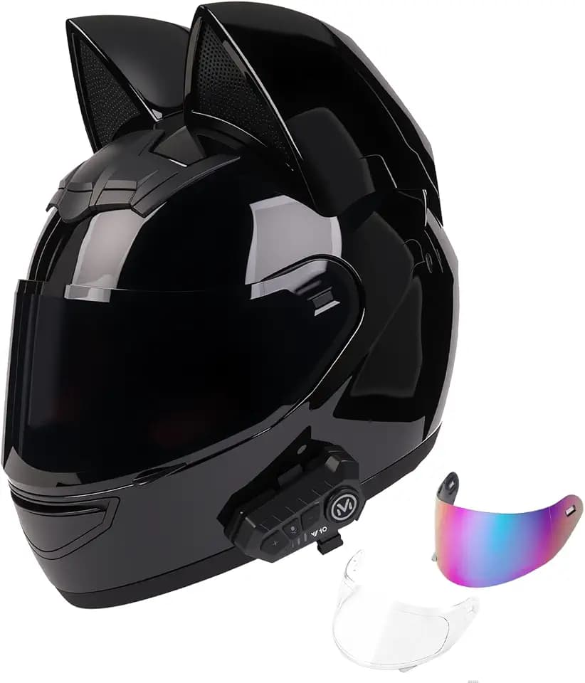Bluetooth Motorcycle Cat Ear Helmets ,Men Women Moped Scooter Dirtbike ATV Full Face Motorbike Adult Helmet DOT Approved, Built-in Dual Speaker with Microphone