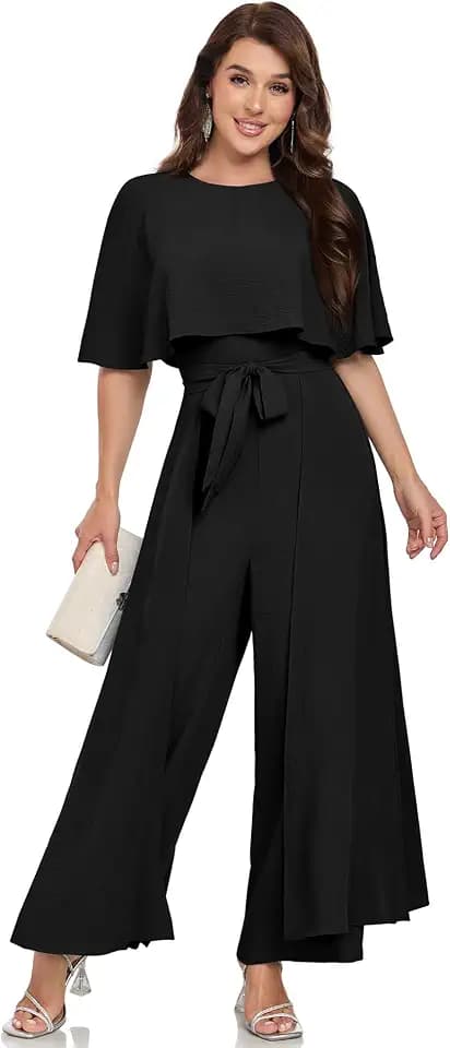 Jumpsuits for Women Dressy Casual One-Piece Outfits Elegant Formal Cape Belted Wide Leg Rompers Evening Pantsuits