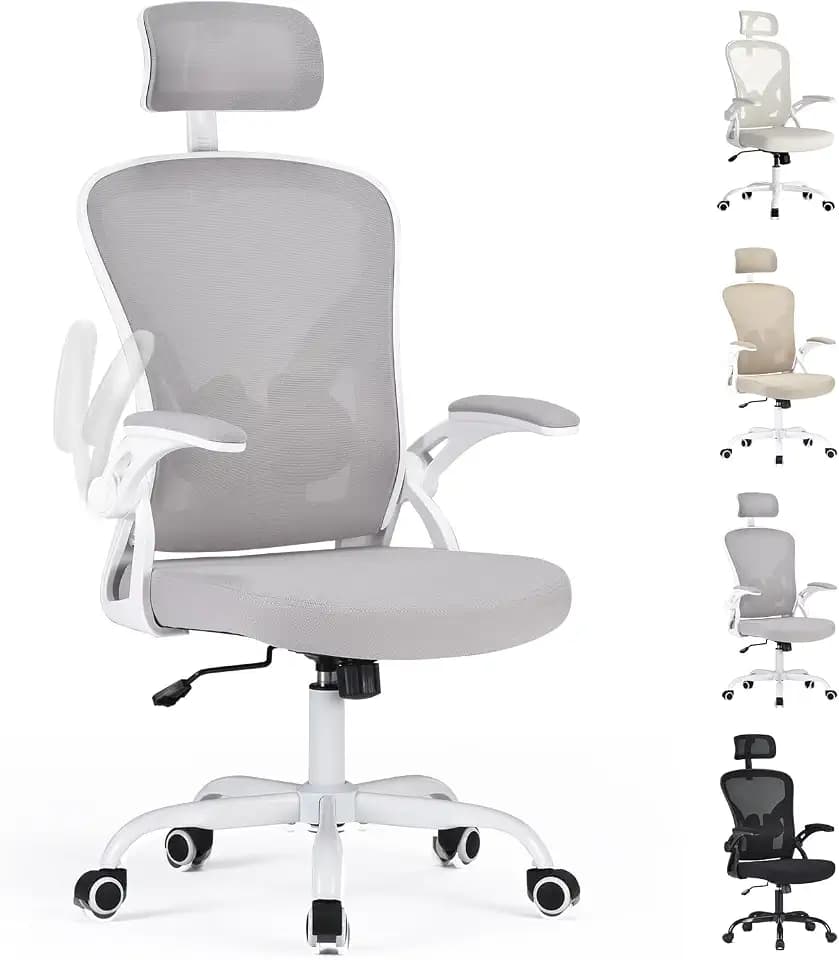 Farini Ergonomischer Stuhl mit Armlehne Büro Schreibtischstuhl mit Rollen Bequemer Home Office Stuhl, Grau Weiß