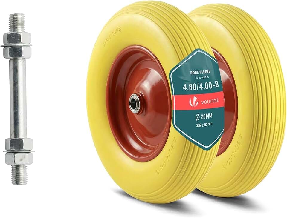 VOUNOT® 2 x Schubkarrenrad PU Vollgummireifen 4.80/4.00-8, Pannensichere Ersatzrad 392x92 mm, Kugellager, Innenloch Ø20 mm inklusive Achse, für Schubkarre, Sackkarre und Bollerwagen, Gelb