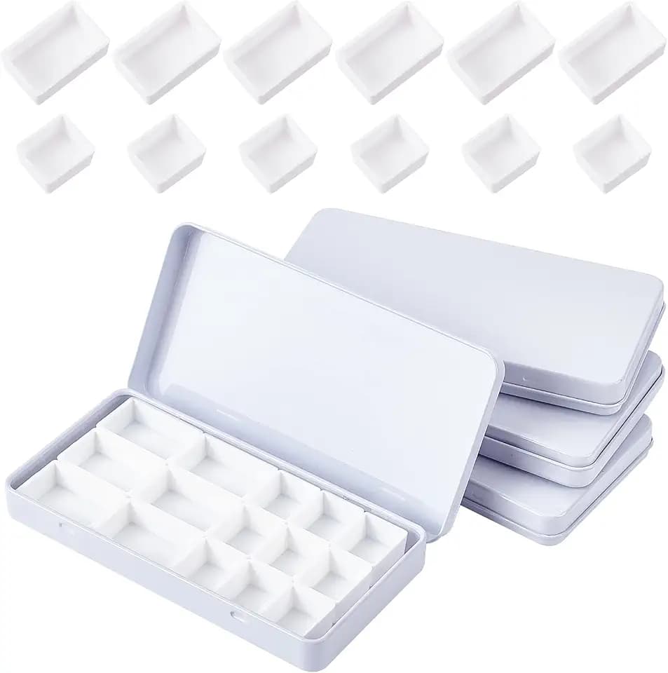 PandaHall 4PCS Kleine Leere Aquarellpalettendose Mit 24 halben Pfannen Und 12 vollen Pfannen, Reise-Aquarell-Kasten-Metall-Farbkasten Für Künstlerstudenten, Weiß, 6.4x12.3x1.3 cm / 2.5"X4.5"X0.5"