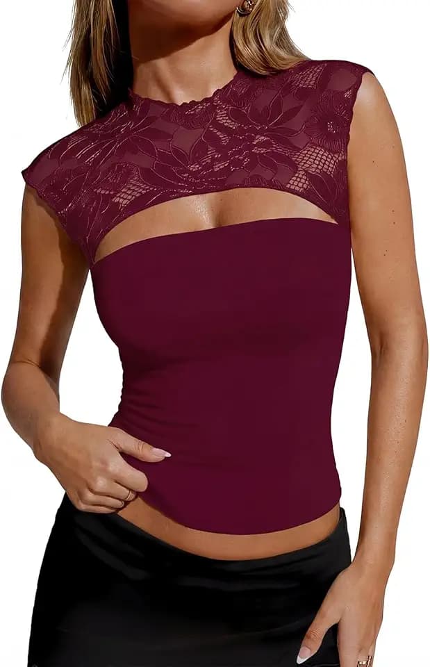 Women's Lace Going Out Crop Tops Sexy Cutout Crew Neck Sleeveless Double Lined Slim Night Out Y2K Tank Tops