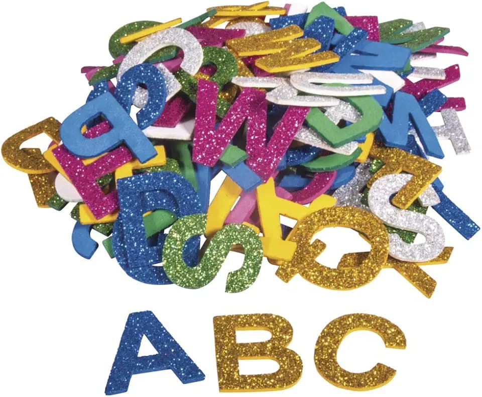 Rayher 30227000 Moosgummi Alphabet Glitter, 3cm, 130 Stück, selbstklebend, Farben gemischt, Glitter Schaumstoff Sticker, Moosgummi-Aufkleber ABC, zum Dekorieren