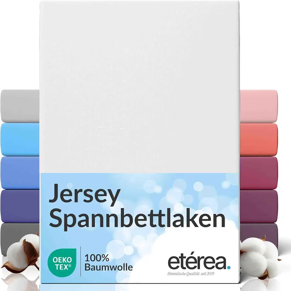 etérea Jersey Spannbettlaken 180x200cm - 200x200cm Weiss bis 25 cm Höhe - 100% Baumwolle Comfort Spannbetttuch, Oekotex Matratzen Bett Bezug - Bettlaken 180x200 cm - 200x200 cm - Weiss