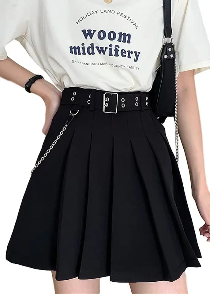 Schwarzer Faltenrock mit Kette, Gothic-/Punk-Stil, hohe Taille, Skaterröcke, Schule, dunkle Uniform, 3-Schwarz mit Blet, Klein