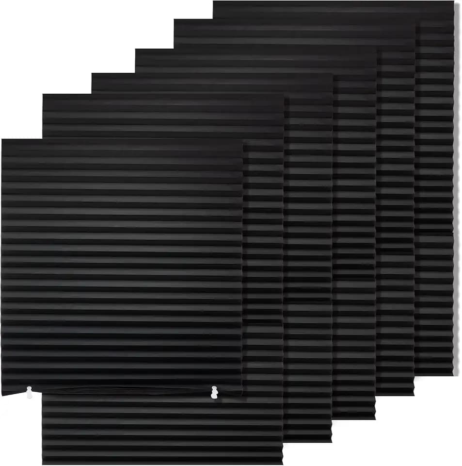 MYshade 6 Pack Temporary Blackout Paper Shades for Windows,Paper Pleated Blinds with Adhesive,No Tools No Drilling Free Cut Size Temporary Room Darkening Shades(Black, 24" W x 72" H)