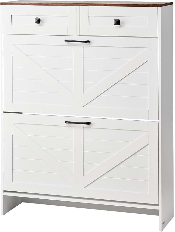 VEVOR Schuhschrank mit 2 Klappen & Kippschutz & Schubladen, platzsparender Schuhkipper, freistehender Schuhregal-Organizer für den Eingang Flur Wohnzimmer Veranda, Schuhregal 80x24x105 cm Weiß