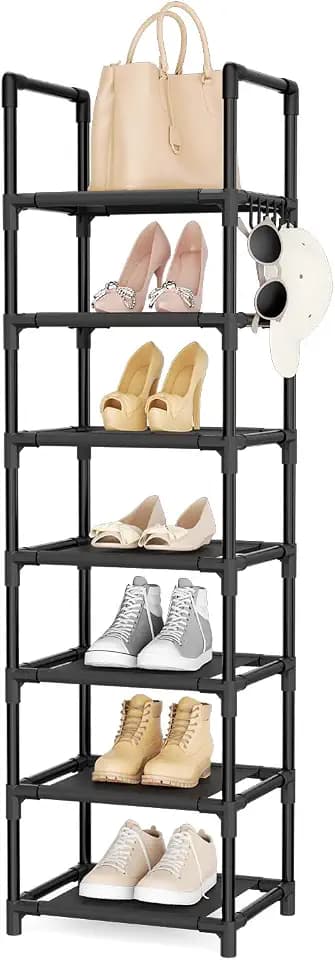 LANTEFUL Tall Shoe Rack 7 Tier Narrow Shoe Shelf Storage for 7-14 Pairs Shoe and Boot, Sturdy Shoe Storage Space Saving Corner Shoe Rack Organizer for Closet, Entryway, Living Room, Brown