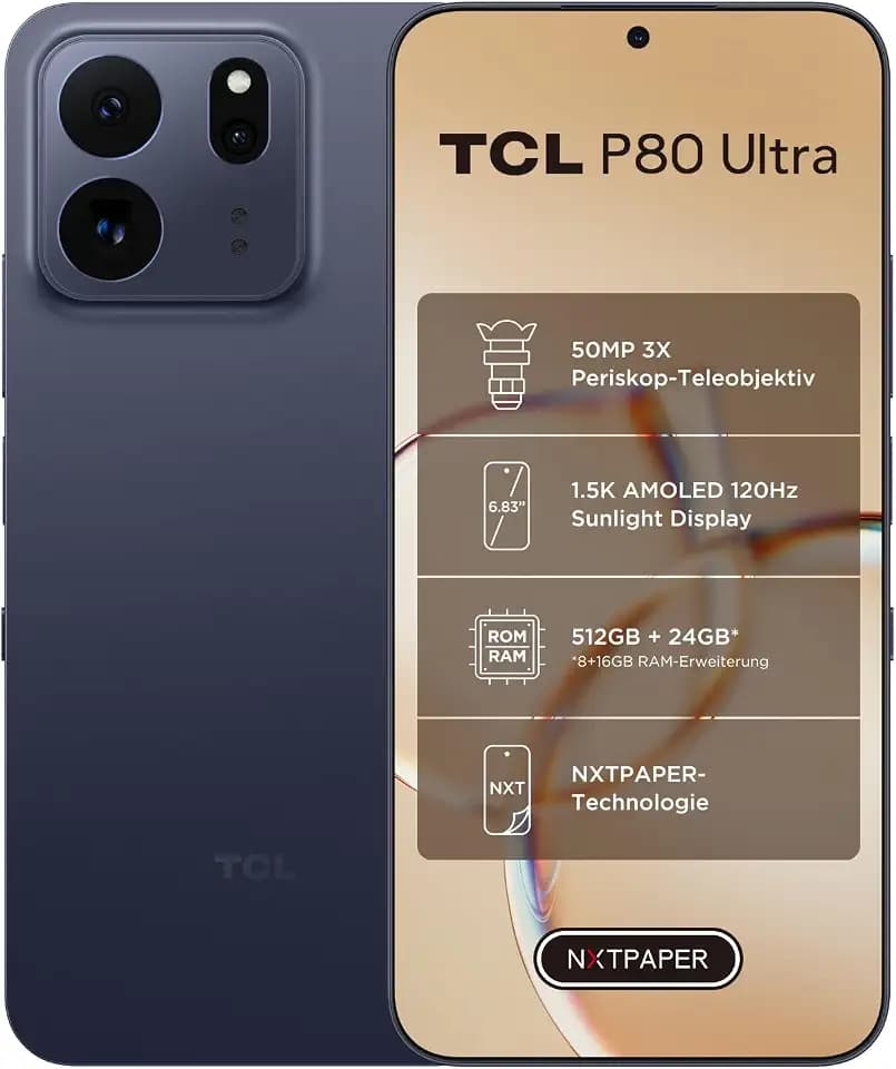 TCL P80 Ultra 5G Smartphone 50MP 3X Teleobjektiv NXTPAPER Display Blau Teleobjektiv, 1.5K AMOLED- & NXTPAPER-Display, 512GB ROM, 24GB erweiterter RAM, 5800mAh Akku (typ.), 45W Laden, Google Gemini