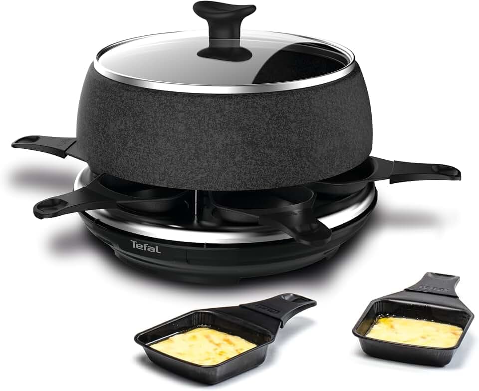 Tefal Raclette & Fondue Cheese'n Co, Elektrischer Raclette-Grill + Fondue-Gerät, für 6 Personen, 6 Pfännchen, 6 Gabeln, 1 Topf+Deckel, Rezeptbuch, Stein-Optik, spülmaschinengeeignet, 850W, RE12C8