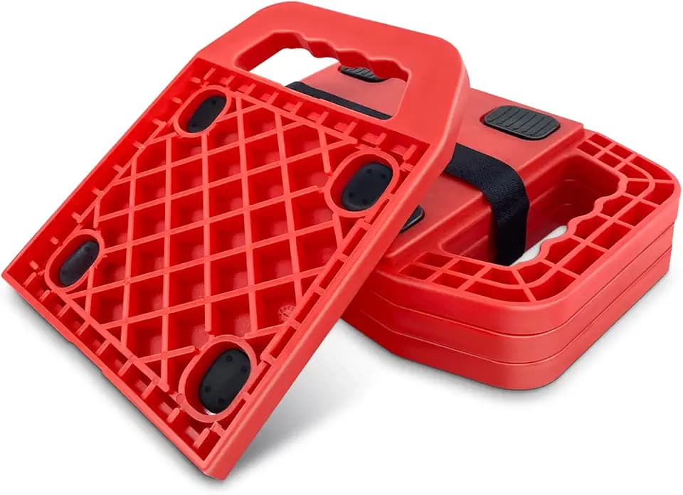 HOXWELL 6.5" X 6.5" RV Stabilizer Jack Pads with Anti-Slip Rubber Mats, Stackable Camper Jack Pads with Handles & Handy Strap, Sink-Resistant Camper Accessories for RV Stabilization, 4 Pack, Red