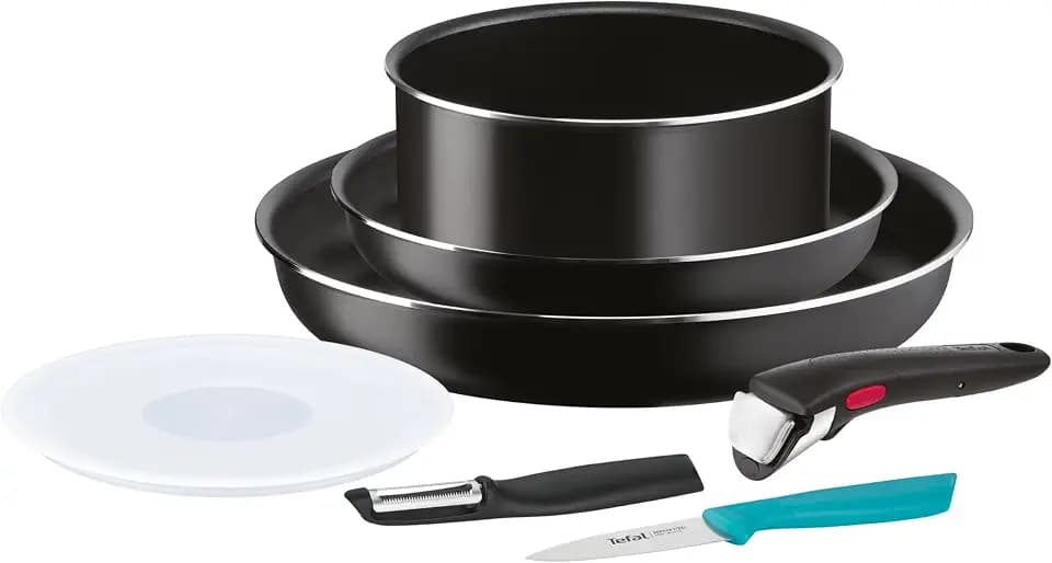 Tefal Ingenio 7-teiliges Kochgeschirr-Set, Pfannen, Topf und Deckel, luftdicht, Schäler, Officemesser, abnehmbarer Griff, stapelbares Design, spülmaschinengeeignet, Essential L1549002