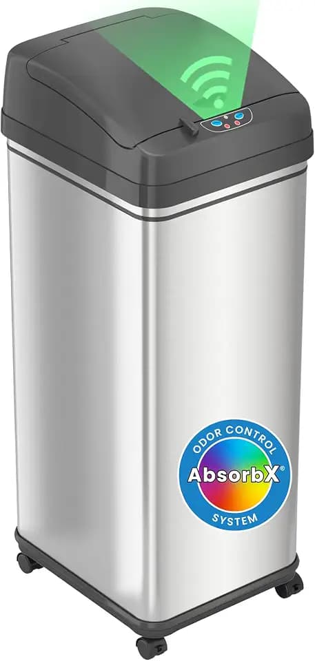 iTouchless 13 Gallon Sensor Kitchen Trash Can with 4 Wheels | Odor Filter