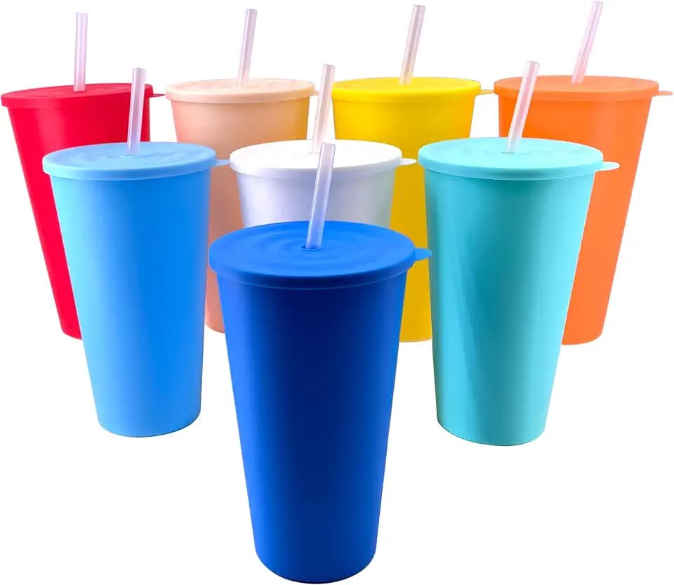 32 oz Cups with Lids and Straws Reusable set of 8, Pastel Rainbow