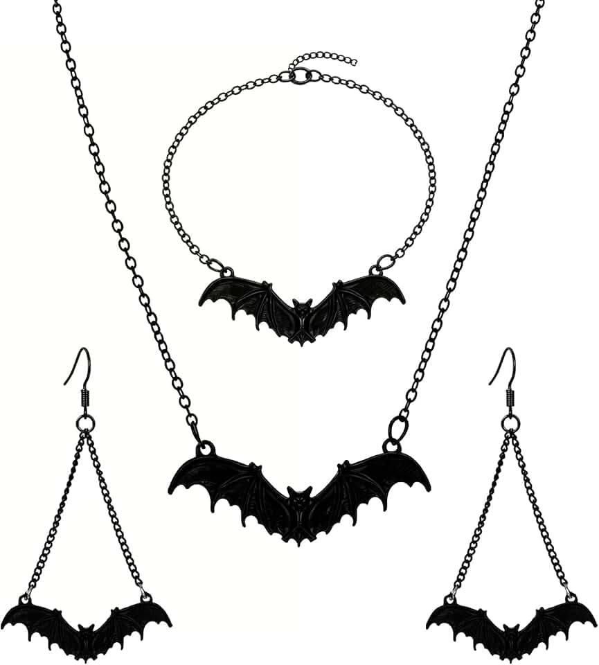 Dreuyet Bat Jewelry Set Gothic Flying Red/Black Bat Choker Necklace Earrings and Bracelet Punk Cool Vampire Halloween Costume Jewelry for Women Men