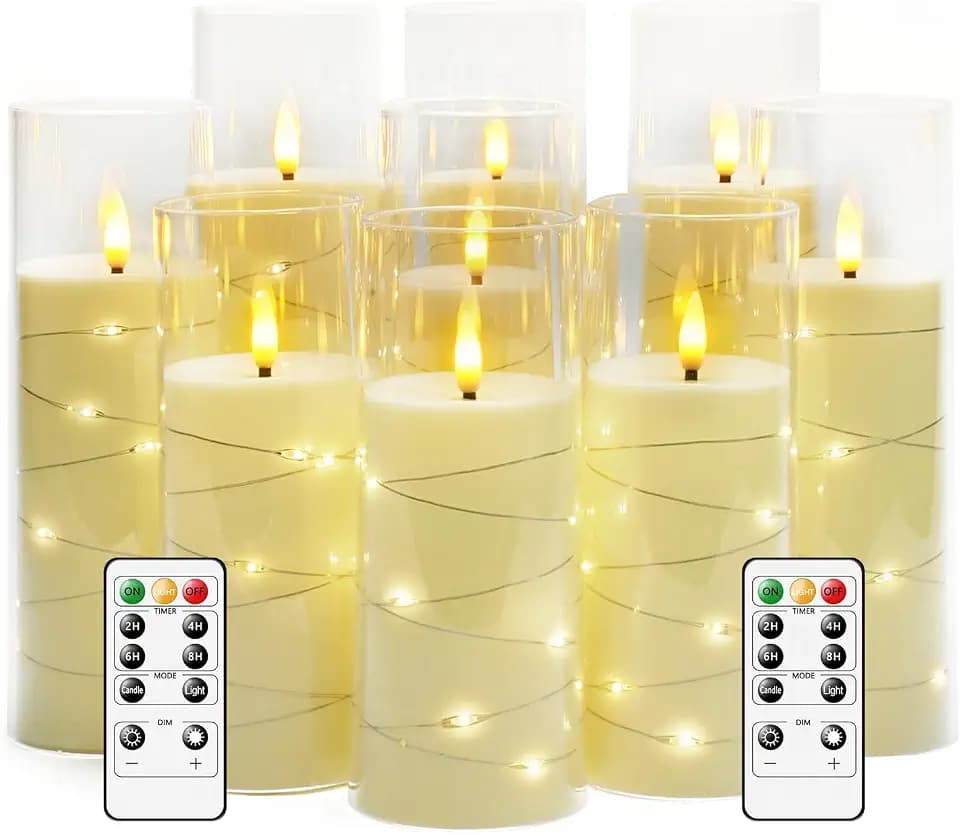 kakoya Flameless LED Candles with Timer 9 Pc Flickering Flameless Candles for Romantic Ambiance and Home Decoration Stable Acrylic Shell,with Embedded Star String，Battery Operated Candles（Ivory）