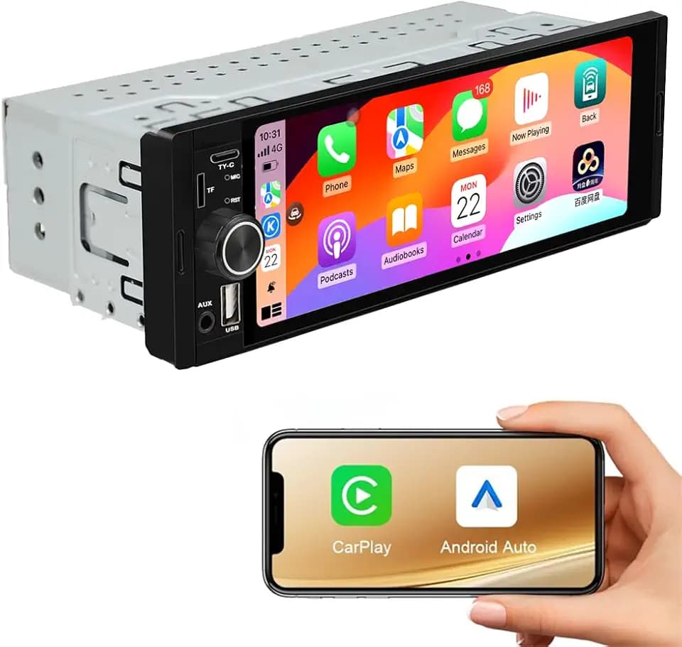 Single Din Car Stereo Radio Upgrade with CarPlay & Android Auto/6.36 Inch HD Touch Screen/Bluetooth/USB Type-C/SWC/EQ/FM Radio/External Mic