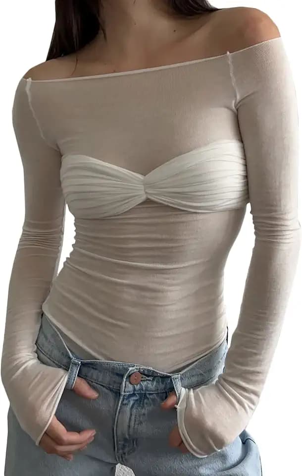 Knemksplanet Women Mesh Long Sleeve Tops Off Shoulder Twisted Sheer Blouse