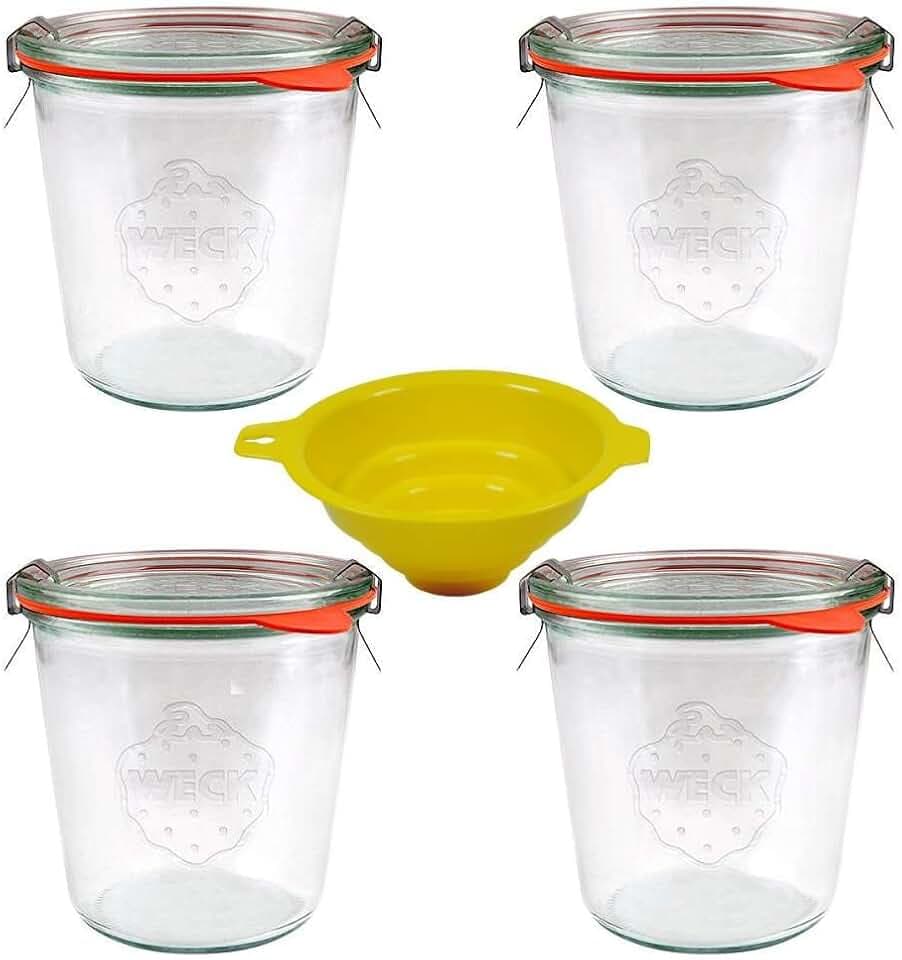 Viva-Haushaltswaren - 4 Weckgläser, Rundrandgläser in Sturzform 500 ml (auch gut geeignet für Kuchen im Glas) inkl. Klammern+Ringe und einem gelben Einfülltrichter mit Arretierung