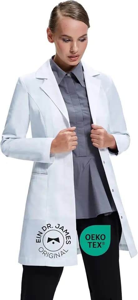 Dr. James Laborkittel Damen Slim Fit, Taillierter Arztkittel mit verdeckter Druckknopf-Leiste, 2 Hüfttaschen, OEKO-TEX® zertifiziert, für Labor, Klinik & Praxis