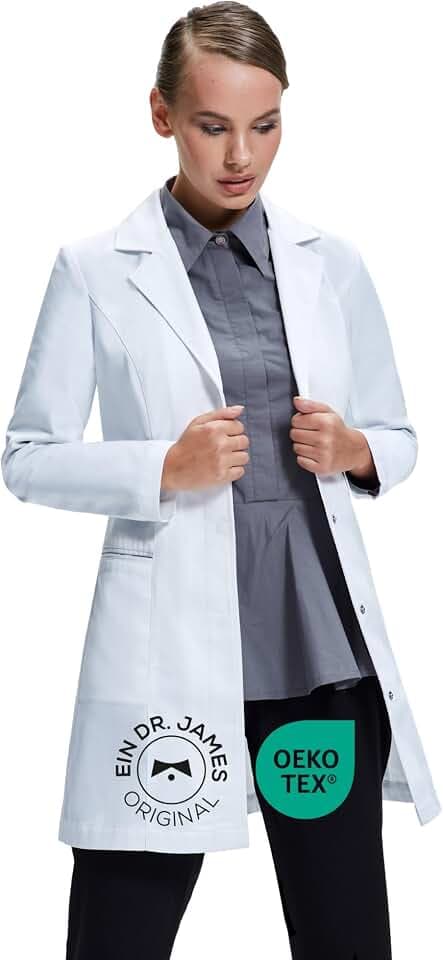 Dr. James Laborkittel Damen Slim Fit, Taillierter Arztkittel mit verdeckter Druckknopf-Leiste, 2 Hüfttaschen, OEKO-TEX® zertifiziert, für Labor, Klinik & Praxis