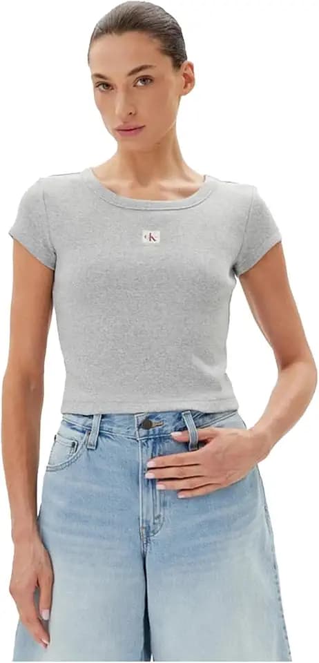 Calvin Klein Damen T-Shirt Kurzarm Woven Label Rib Baby Tee mit Rundhalsausschnitt