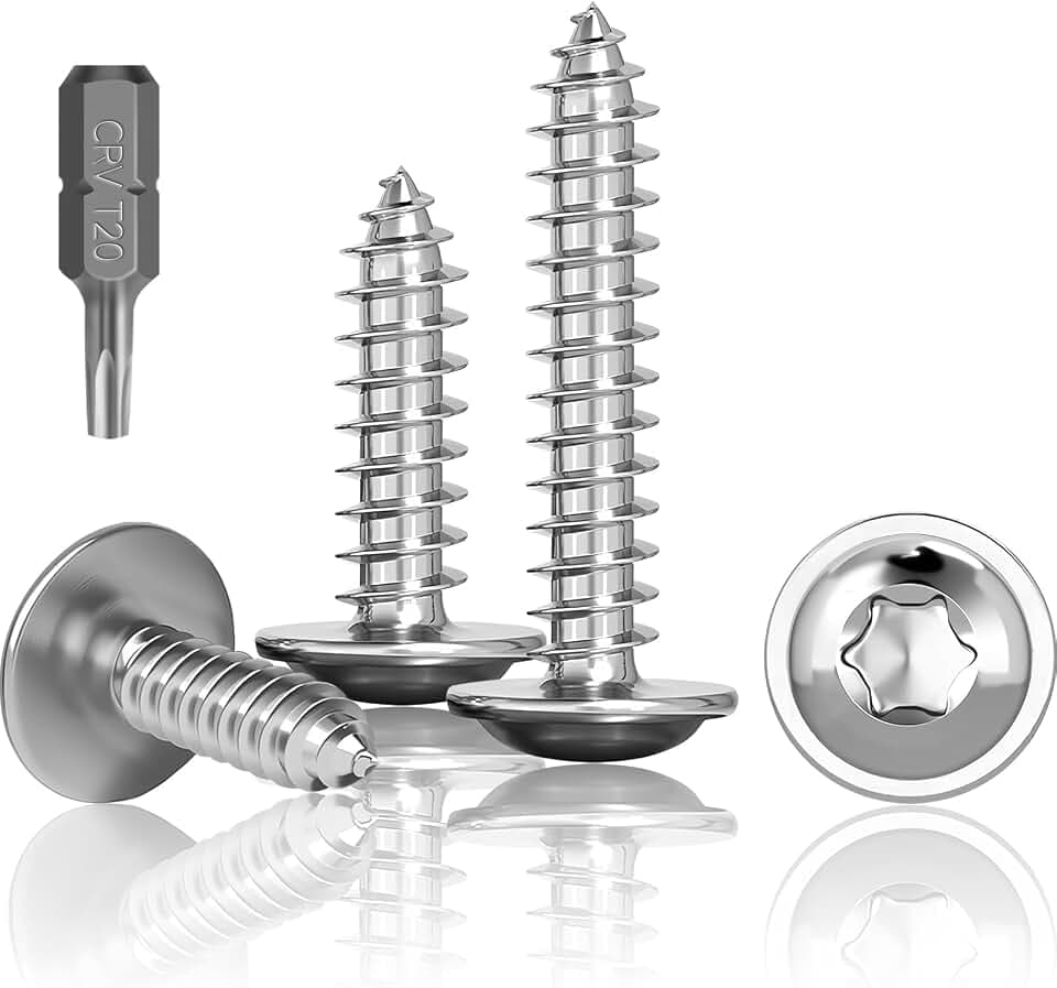 100 Stück Blechschrauben Edelstahl M4X20mm, Selbstschneidende Schrauben Mit Scheibe, A2 V2A Torx Schrauben Vollgewinde, Holzschrauben, Flachkopfschrauben mit T20 Bohrer