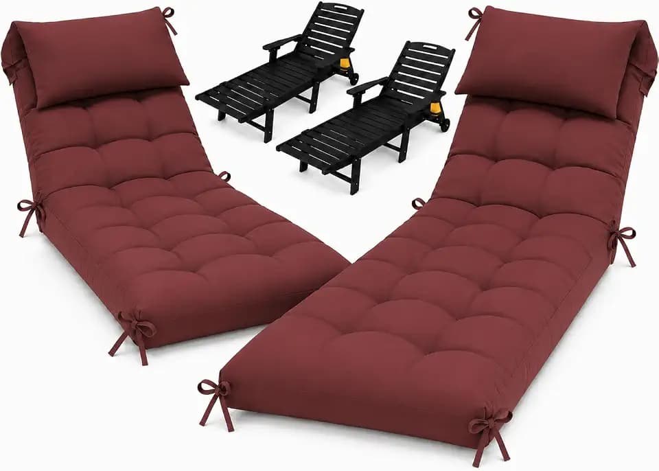 Waterproof Lounge Chair Cushion Set of 2, Outdoor Fade Resistant Chaise Lounger Replacement Chairs Cushions with 6 Ties, Thickened Memory Foam Pool Lounge Chair Cushions, 76 x 22 x 4.7 Inches, Red