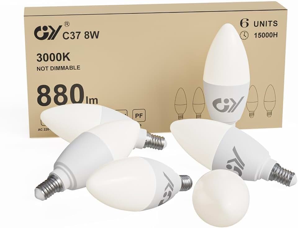 GY E14 LED Ultrahelle Energiespar Glühbirne, 8W Glühbirne E14, Ersetzt 60W lampe, C37 LED Birne 880LM, 3000K Led Warmweiss, 280° Abstrahlwinkel Energiesparlampe, Nicht Dimmbar, 6 Stück