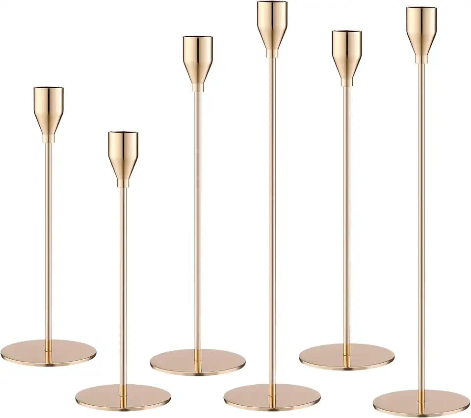 Kerzenständer Gold 6 Set,Kerzenständer Stabkerzen 33/29/23cm,Metall KegelKerzenleuchter Vintage Dekoration,Hochzeit Kerze Stand,für romantische Abendessen, Jubiläum und Hochzeitszeremonien (Gold)