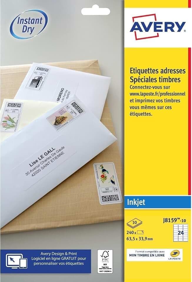 Avery – 240 Briefmarken-Etiketten zum Selberbedrucken, für Tintenstrahldrucker, 63,5 x 33,9 mm, Weiß