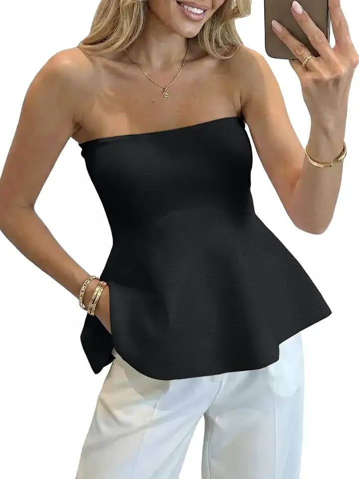 Saodimallsu Womens Peplum Tube Tops Strapless Summer Ruffle Knit Tube Vest