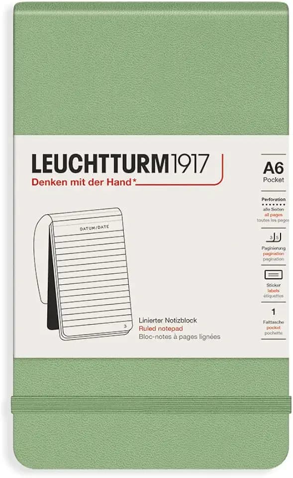LEUCHTTURM1917 364428 Notizblock Pocket (A6), Hardcover, 94 nummerierte Seiten, liniert, Salbei