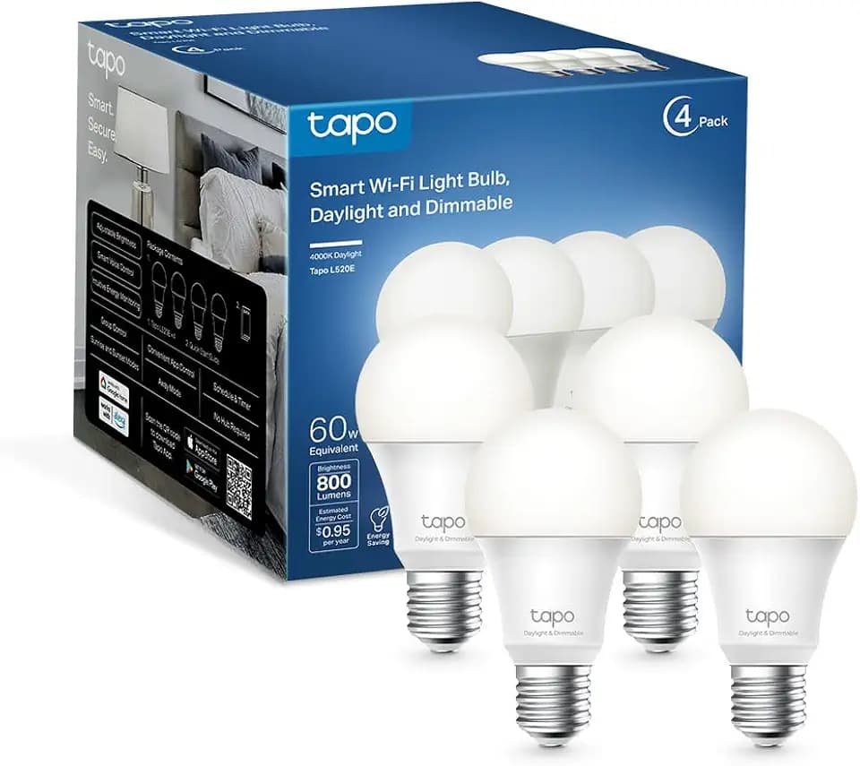 TP-Link Tapo Smart Light Bulbs - Natural Daylight, Dimmable, Compatible w/Alexa and Google Home, A60 Bulb/E27 Base, 60W Equivalent, 800LM CRI>90, 2.4GHz WiFi Only, No Hub Required, Tapo L520E(4-Pack)