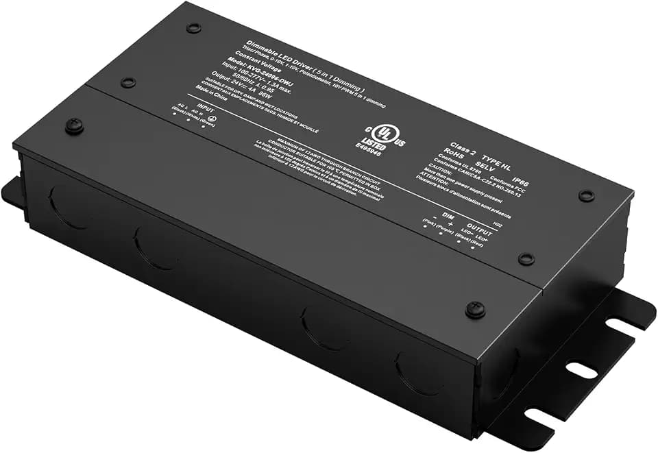 96W Dimmable LED Driver, 5 in 1 TRIAC/ELV/MLV/0-10V/1-10V/10V PWM/Potentiometer LED Driver 24V, AC to DC Transformer, IP67 Waterproof, UL Listed, Class 2