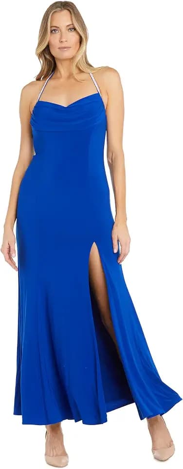 R&M Richards Elegant Long Knit Halter Dress W/Rhinestone Cowl Neck Trim & Ruched Back